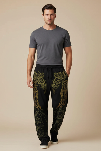 Pantalon Fluide Noir Ample Imprimé Totem Viking Homme - Molleton