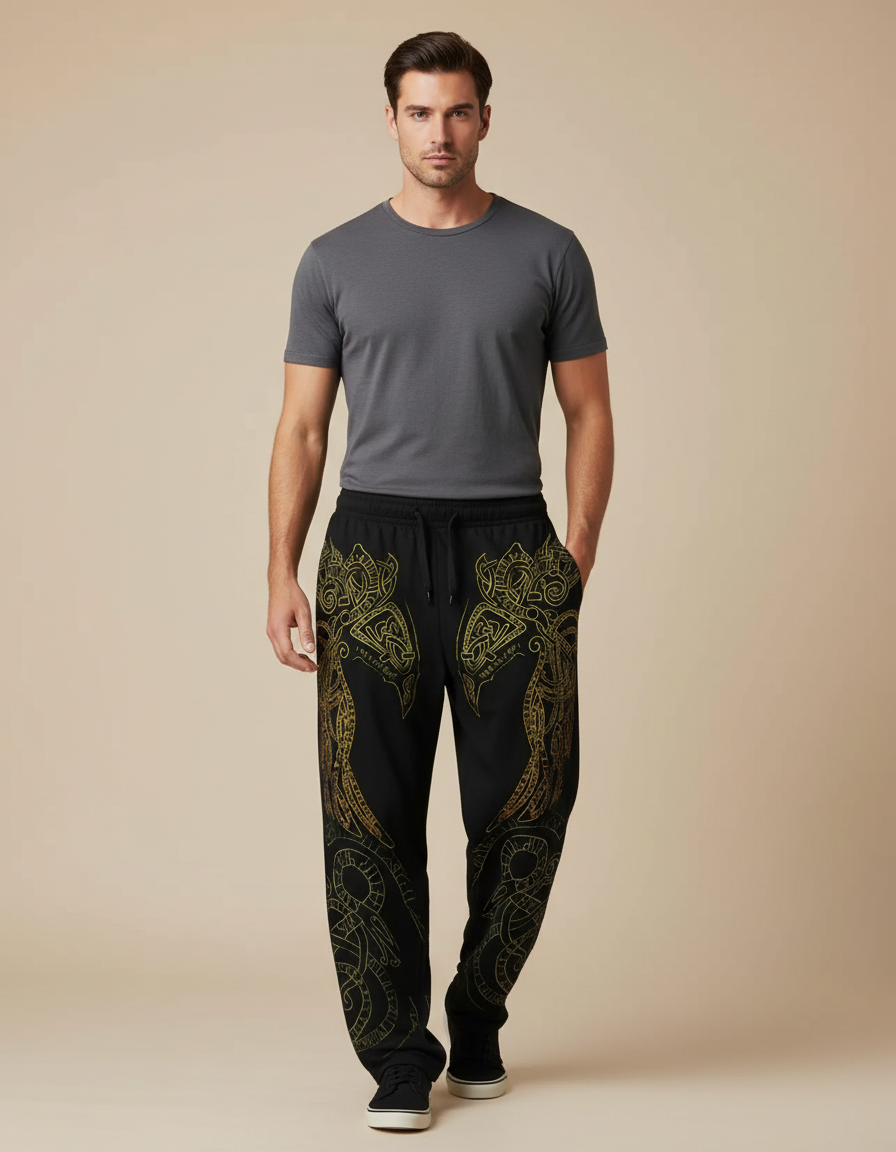 Pantalon Fluide Noir Ample Imprimé Totem Viking Homme - Molleton