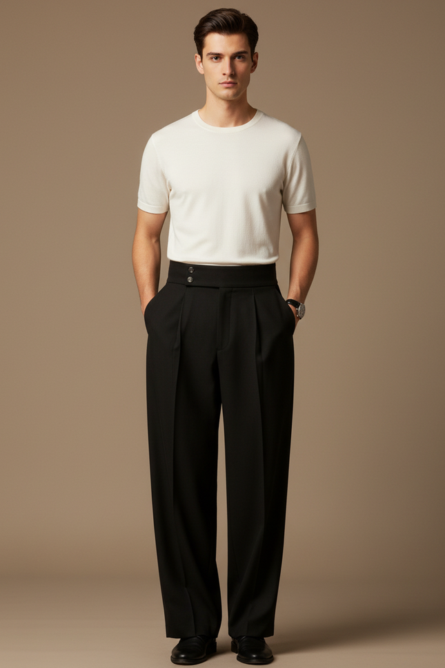 Pantalon Fluide Noir Plissé Droit Élégant Homme - Laine