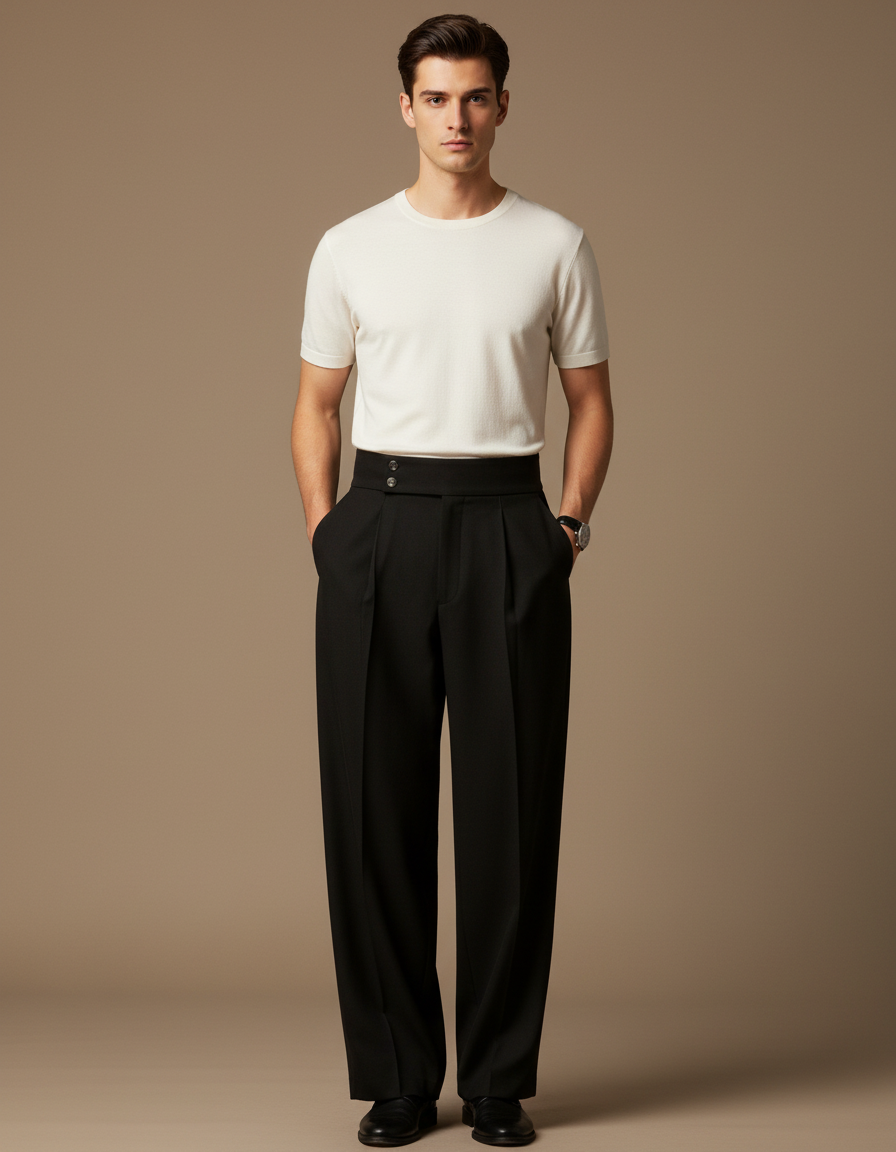 Pantalon Fluide Noir Plissé Droit Élégant Homme - Laine