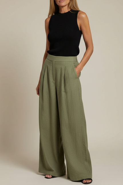 Pantalon Fluide Vert Ample Plissé Décontracté Femme - Kaki Lin