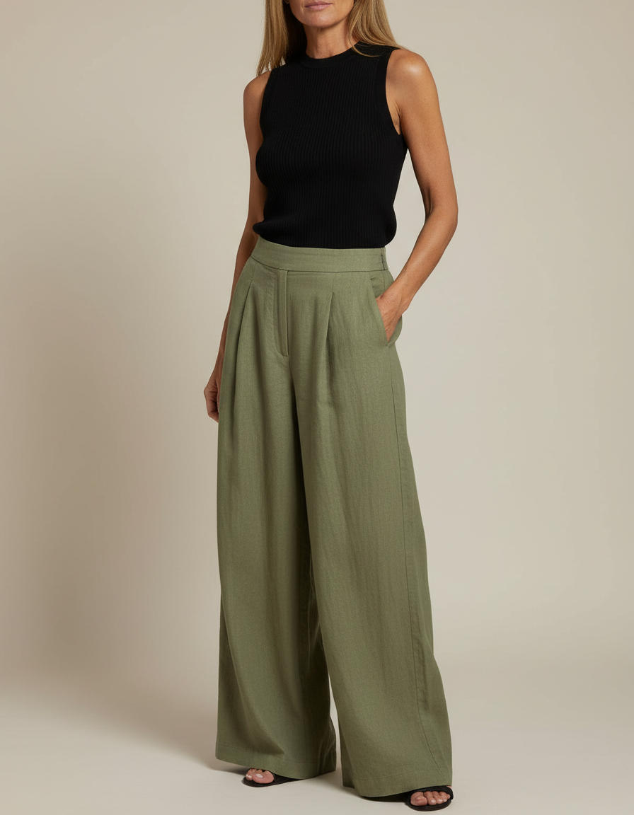 Pantalon Fluide Vert Ample Plissé Décontracté Femme - Kaki Lin