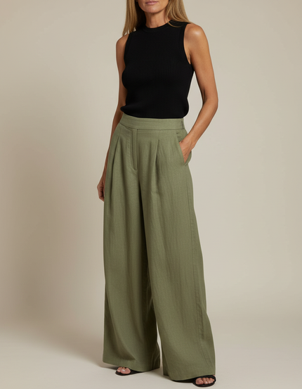 Pantalon Fluide Vert Ample Plissé Décontracté Femme - Kaki Lin