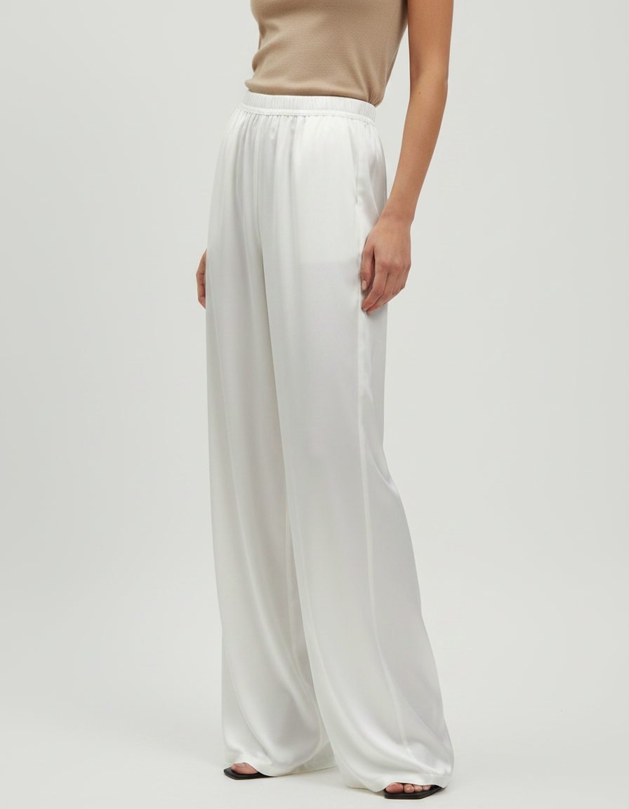 Pantalon Fluide Blanc Satiné Ample Décontracté Élégant