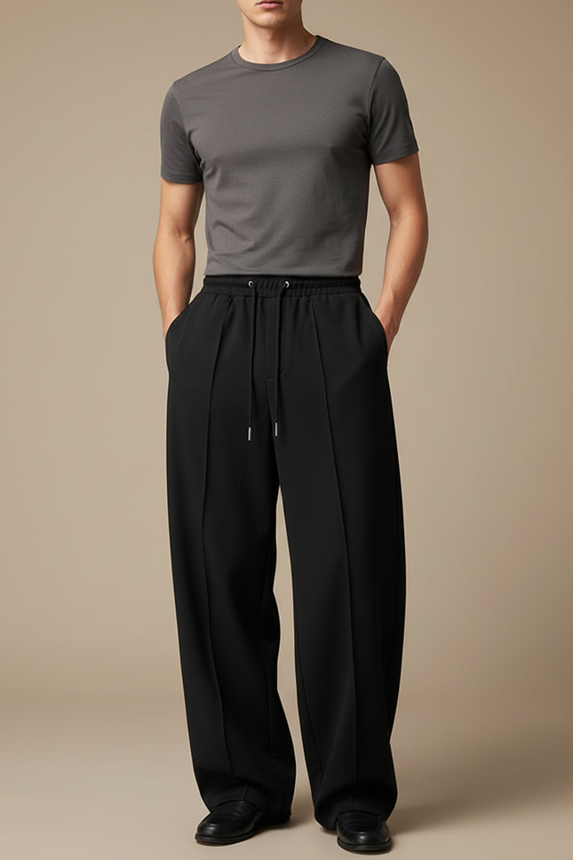 Pantalon Fluide Homme Noir Ample Droit Élégant - Polyester
