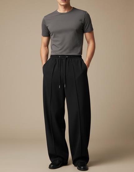 Pantalon Fluide Homme Noir Ample Droit Élégant - Polyester
