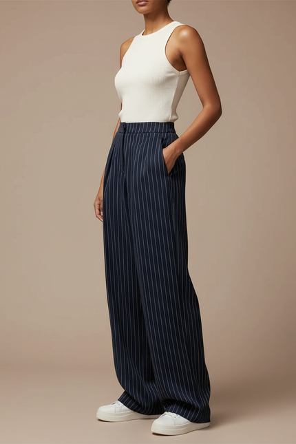Pantalon Fluide Rayé Bleu Marine Ample Élégant Femme - Viscose