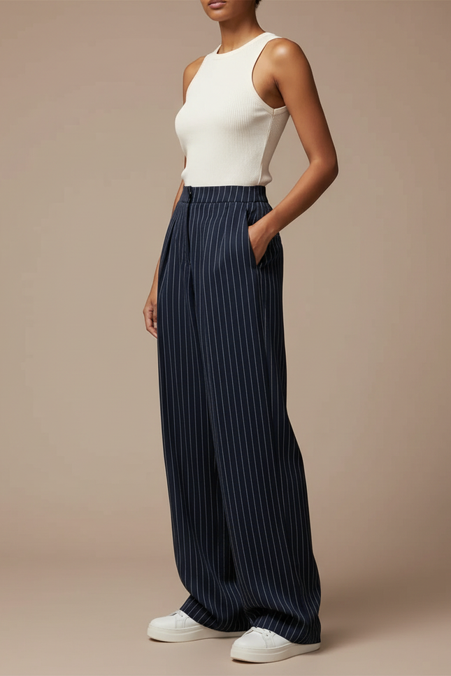 Pantalon Fluide Rayé Bleu Marine Ample Élégant Femme - Viscose