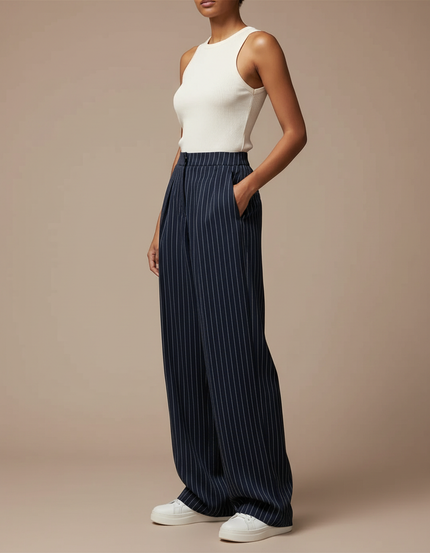 Pantalon Fluide Rayé Bleu Marine Ample Élégant Femme - Viscose
