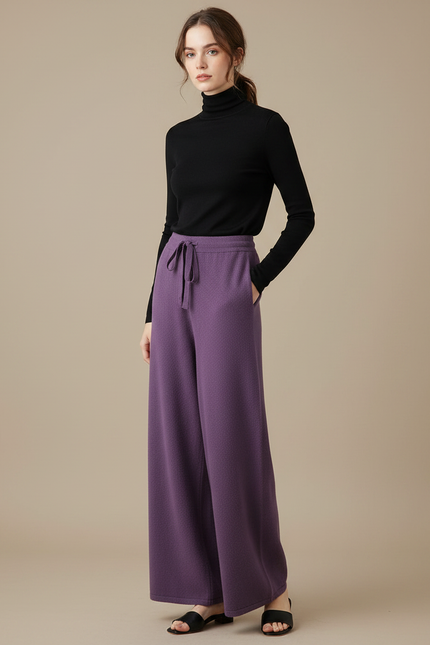 Pantalon Fluide Violet Laine Mérinos Ample Cordon Femme