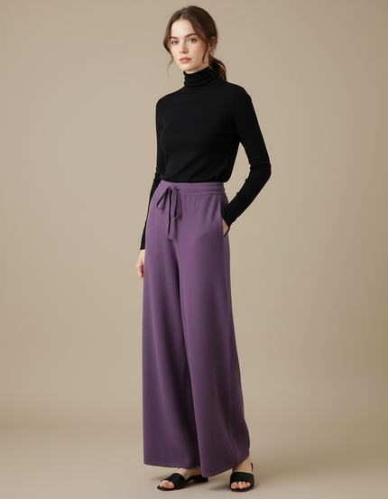 Pantalon Fluide Violet Laine Mérinos Ample Cordon Femme