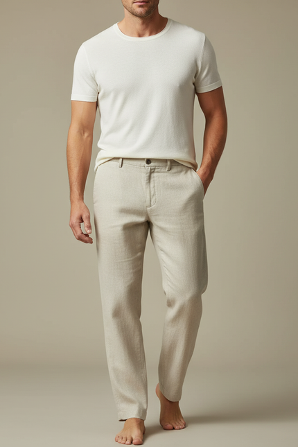 Pantalon Fluide Lin Beige Droit Confortable Homme