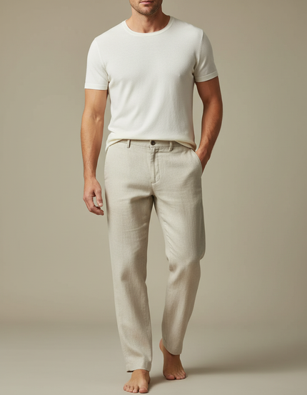 Pantalon Fluide Lin Beige Droit Confortable Homme