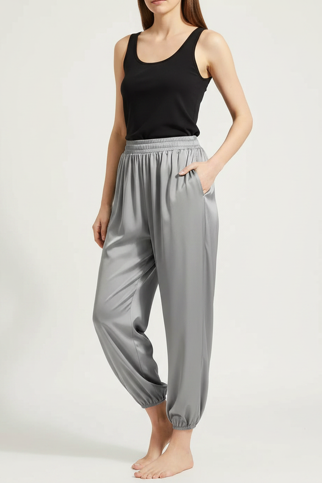 Pantalon Fluide Gris Satiné Ample Décontracté Cheville