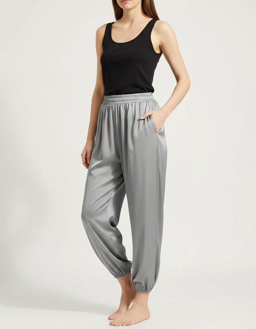 Pantalon Fluide Gris Satiné Ample Décontracté Cheville