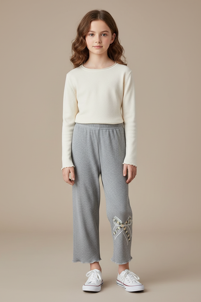 Pantalon Fluide Gris Côtelé Ample Brodé Nœud Fille - Maille