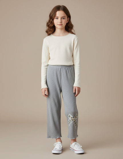 Pantalon Fluide Gris Côtelé Ample Brodé Nœud Fille - Maille