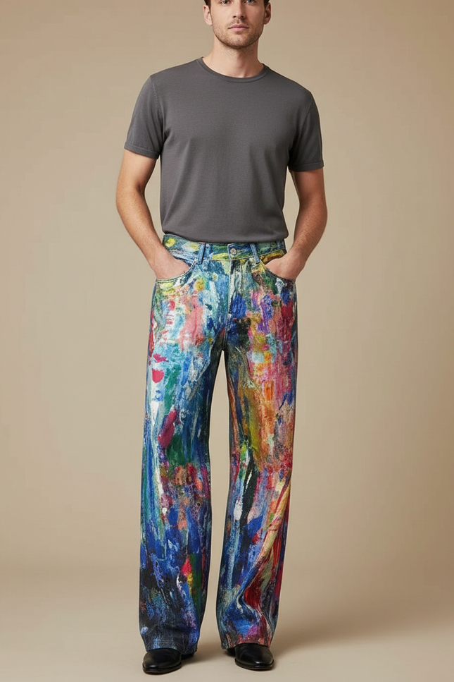 Pantalon Fluide Peint Abstrait Ample Coloré Unisexe - Multicolore Jean