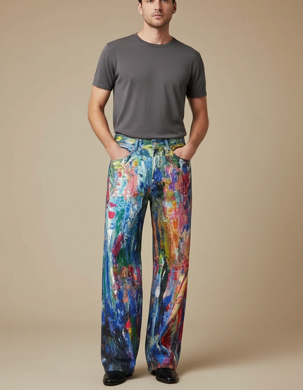 Pantalon Fluide Peint Abstrait Ample Coloré Unisexe - Multicolore Jean