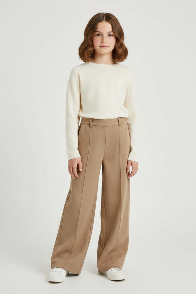 Pantalon Fluide Ample Taille Haute Beige Décontracté - Maille