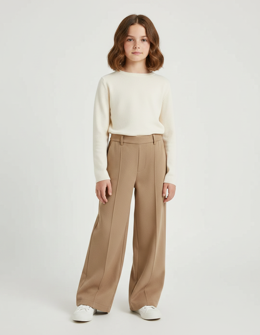 Pantalon Fluide Ample Taille Haute Beige Décontracté - Maille