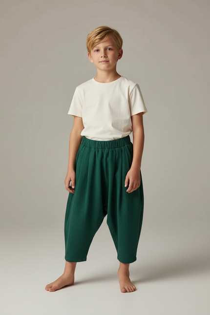 Pantalon Fluide Vert Ample Molleton Confortable Enfant