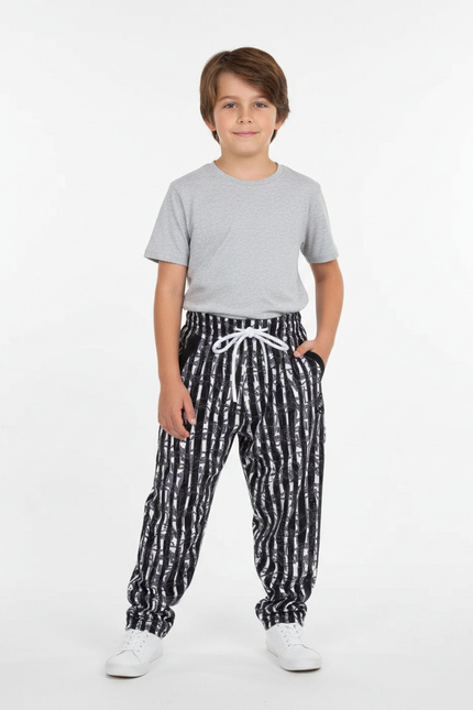 Pantalon Fluide Rayé Noir Blanc Décontracté Enfant - Imprimé Molleton
