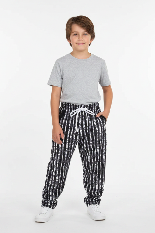 Pantalon Fluide Rayé Noir Blanc Décontracté Enfant - Imprimé Molleton