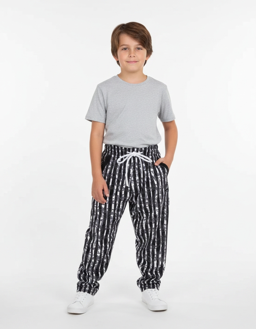 Pantalon Fluide Rayé Noir Blanc Décontracté Enfant - Imprimé Molleton