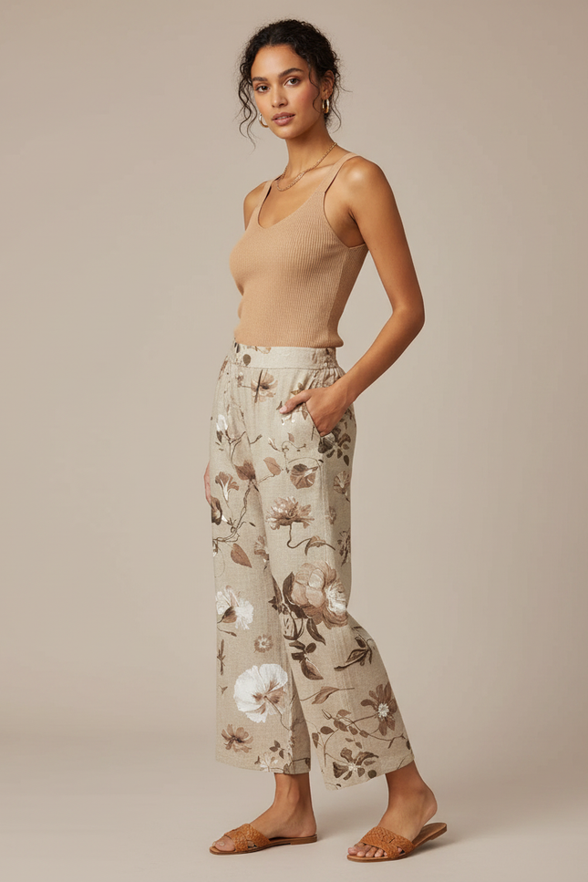 Pantalon Fluide Imprimé Floral Lin Ample Beige Élégant