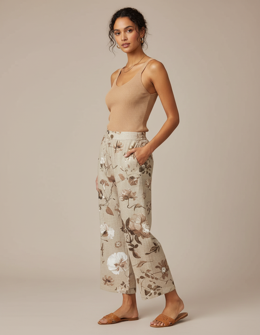 Pantalon Fluide Imprimé Floral Lin Ample Beige Élégant
