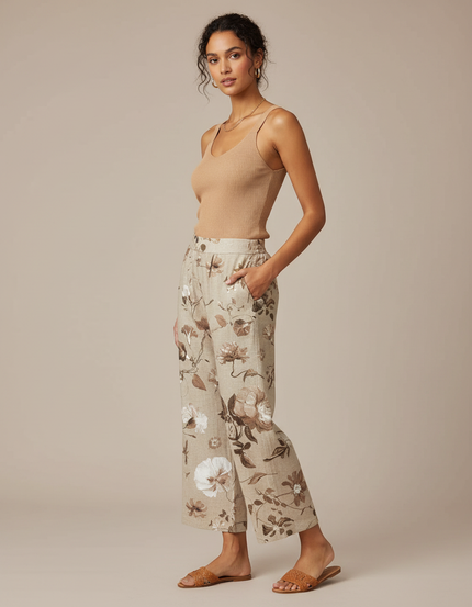Pantalon Fluide Imprimé Floral Lin Ample Beige Élégant