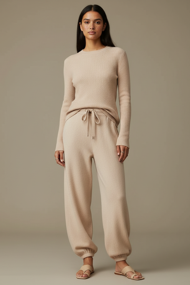 Pantalon Fluide Beige Maille Ample Confortable Femme