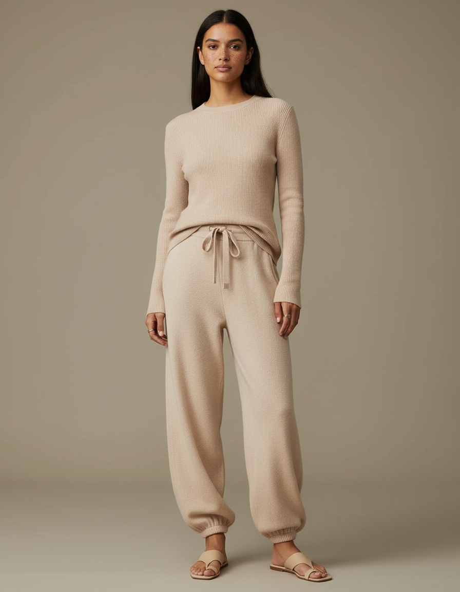 Pantalon Fluide Beige Maille Ample Confortable Femme