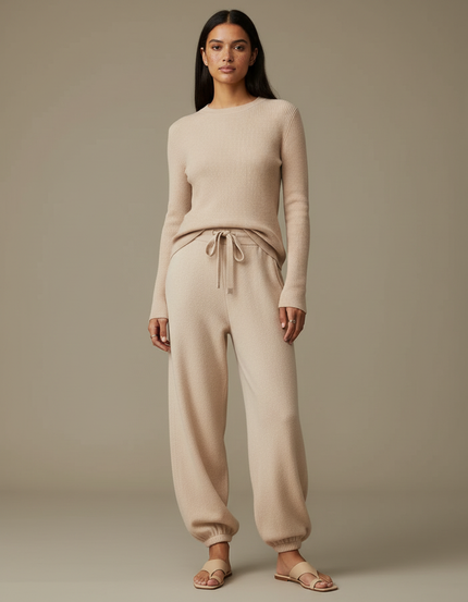 Pantalon Fluide Beige Maille Ample Confortable Femme