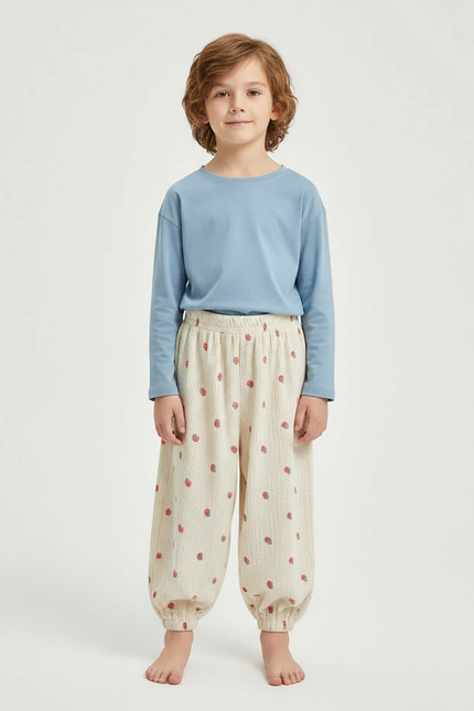 Pantalon Fluide Écru Côtelé Ample Fraises Enfant - Beige Cordé