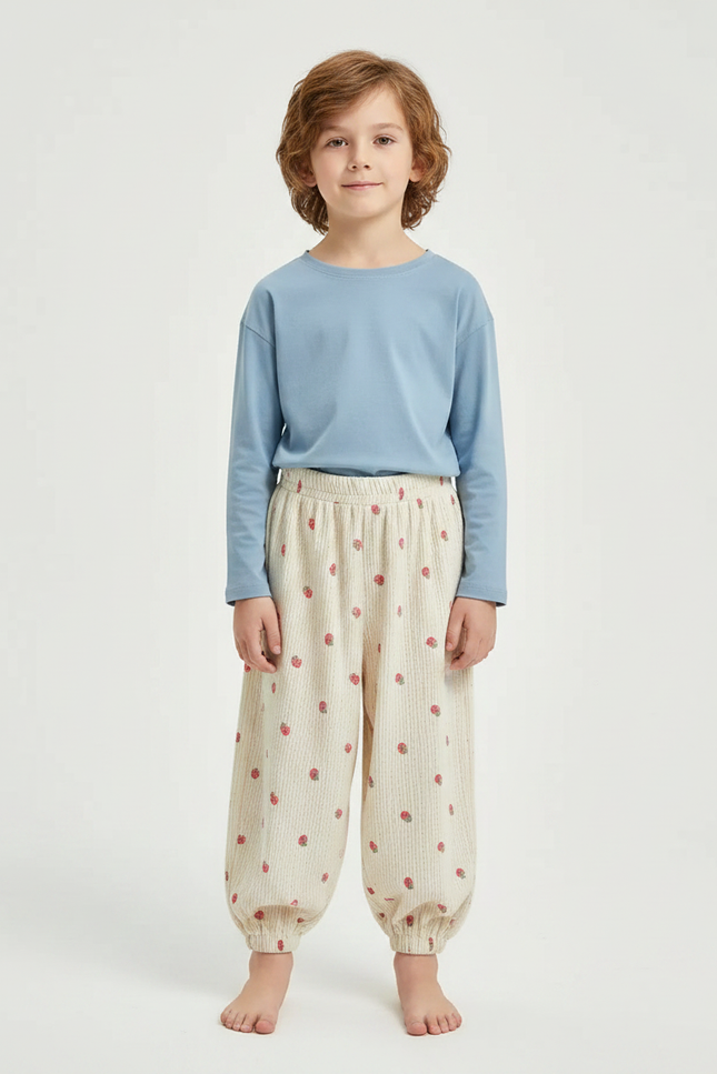 Pantalon Fluide Écru Côtelé Ample Fraises Enfant - Beige Cordé