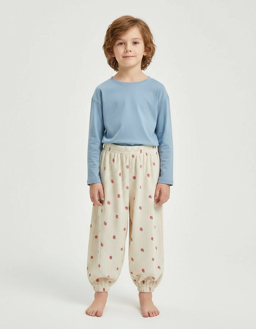 Pantalon Fluide Écru Côtelé Ample Fraises Enfant - Beige Cordé