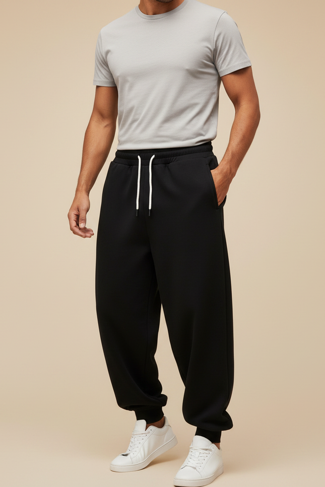 Pantalon Fluide Noir Ample Molleton Cordon Homme