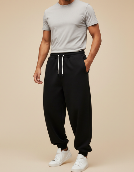 Pantalon Fluide Noir Ample Molleton Cordon Homme