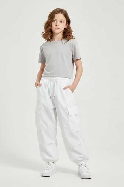 Pantalon Fluide Blanc Ample Cargo Cordon Enfant - Polyester