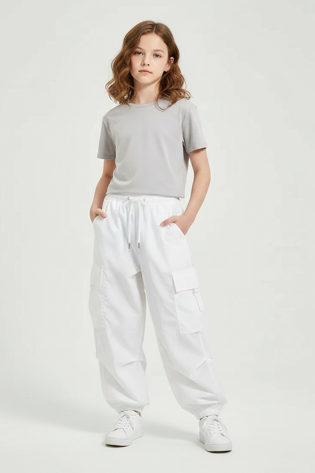 Pantalon Fluide Blanc Ample Cargo Cordon Enfant - Polyester