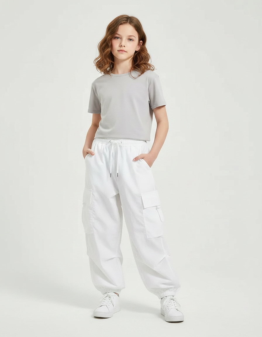 Pantalon Fluide Blanc Ample Cargo Cordon Enfant - Polyester