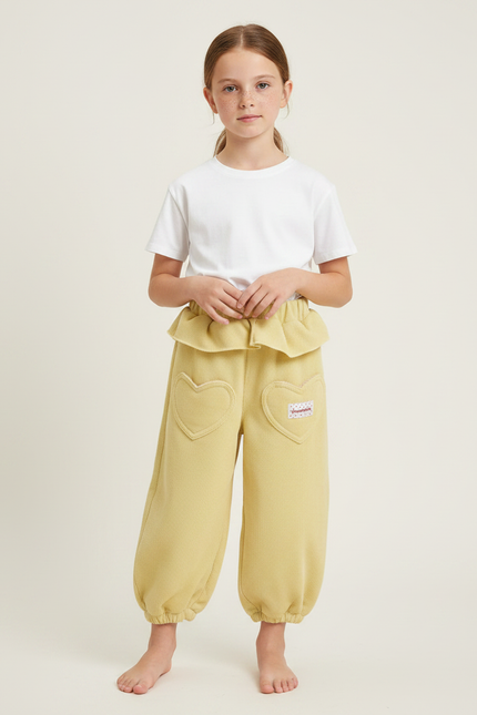 Pantalon Fluide Jaune Coeurs Ample Confortable Fille - Cordé