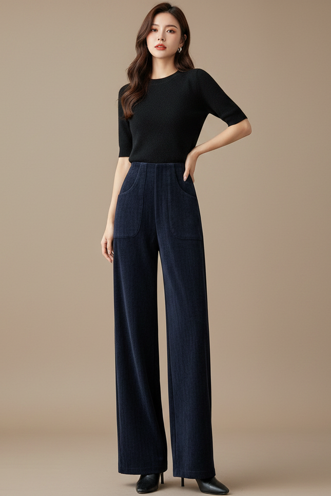 Pantalon Fluide Côtelé Large Taille Haute Femme - Marine Cordé