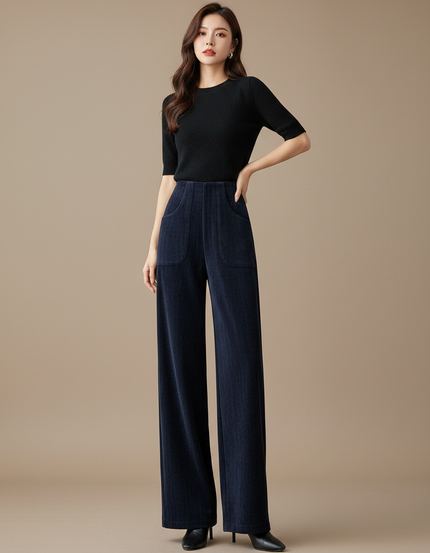 Pantalon Fluide Côtelé Large Taille Haute Femme - Marine Cordé