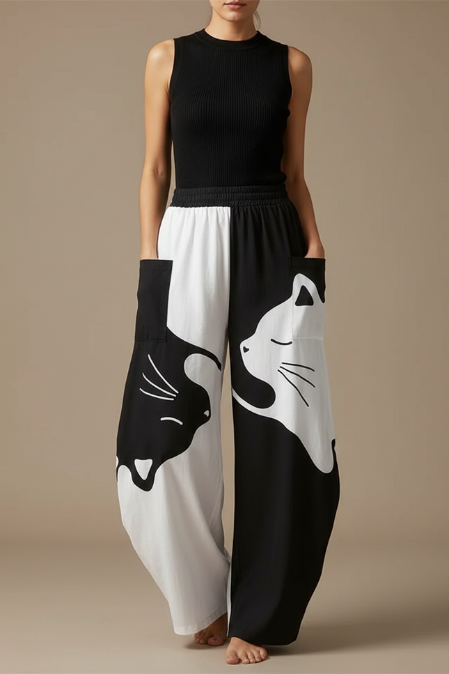 Pantalon Fluide Ample Bicolore Imprimé Chats Décontracté - Multicolore Viscose
