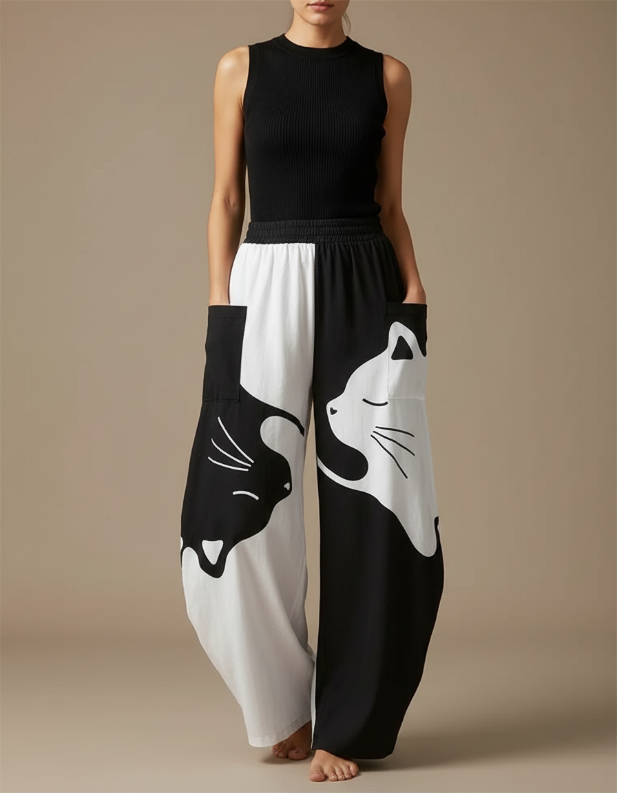 Pantalon Fluide Ample Bicolore Imprimé Chats Décontracté - Multicolore Viscose