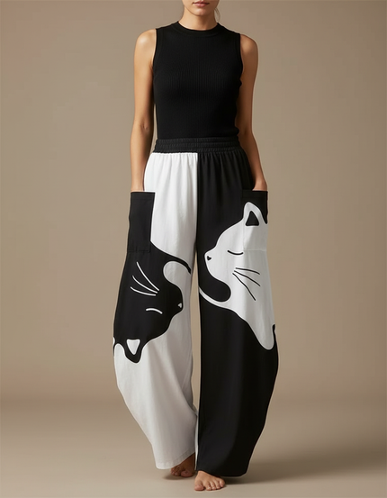Pantalon Fluide Ample Bicolore Imprimé Chats Décontracté - Multicolore Viscose