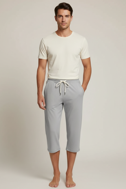 Pantalon Fluide Gris Court Décontracté Homme Cordon - Molleton